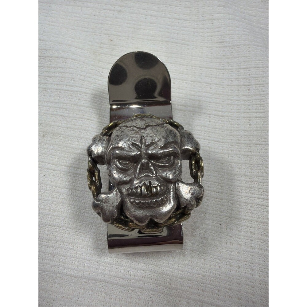 Men's Stainless Steel Chained Skull Money Clip - Goth Biker Style